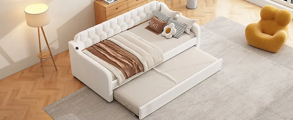 Lit Canapé 90x200cm, Avec Lit Escamotable, USB, Beige