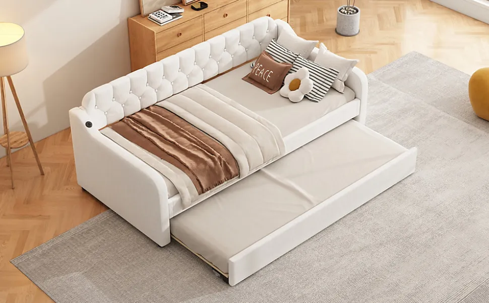 Lit Canapé 90x200cm, Avec Lit Escamotable, USB, Beige