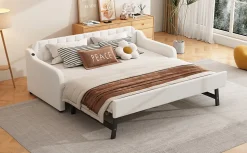 Lit Canapé 90x200cm, Avec Lit Escamotable, USB, Beige