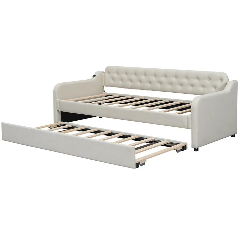 Lit Canapé 90x200cm, Avec Lit Escamotable, USB, Beige