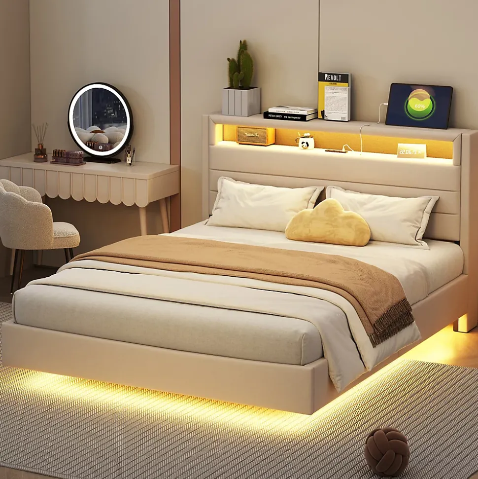 Lit capitonné 140 sur 200 cm avec port USB lumière LED tête de lit réversible tissu en lin beige pour adulte