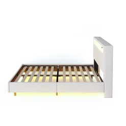 Lit capitonné 140 sur 200 cm avec port USB lumière LED tête de lit réversible tissu en lin beige pour adulte