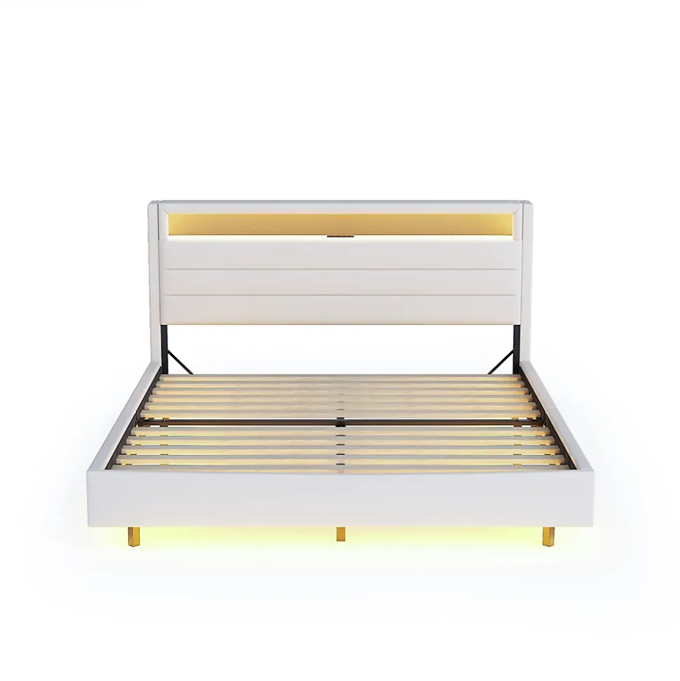 Lit capitonné 140 sur 200 cm avec port USB lumière LED tête de lit réversible tissu en lin beige pour adulte
