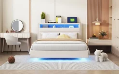 Lit capitonné 140 sur 200 cm avec port USB lumière LED tête de lit réversible tissu en lin beige pour adulte