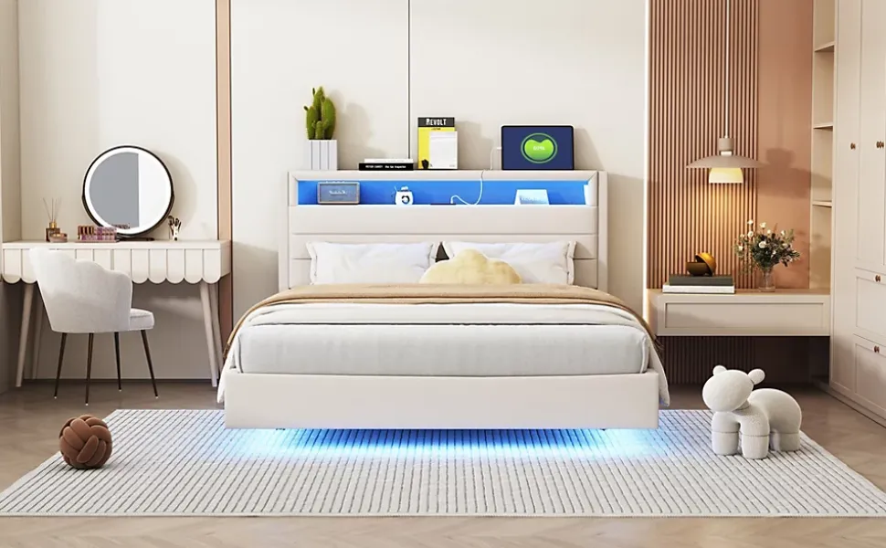 Lit capitonné 140 sur 200 cm avec port USB lumière LED tête de lit réversible tissu en lin beige pour adulte