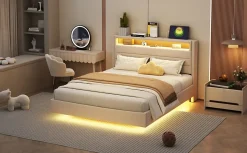 Lit capitonné 140 sur 200 cm avec port USB lumière LED tête de lit réversible tissu en lin beige pour adulte