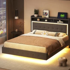 Lit capitonné 140 sur 200 cm avec port USB lumière LED tête de lit modulable pieds cachés tissu en lin gris