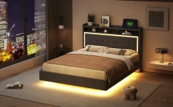 Lit capitonné 140 sur 200 cm avec port USB lumière LED tête de lit modulable pieds cachés tissu en lin gris