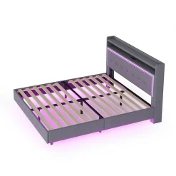 Lit capitonné 140 sur 200 cm avec port USB lumière LED tête de lit modulable pieds cachés tissu en lin gris