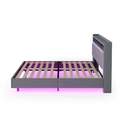 Lit capitonné 140 sur 200 cm avec port USB lumière LED tête de lit modulable pieds cachés tissu en lin gris