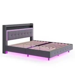Lit capitonné 140 sur 200 cm avec port USB lumière LED tête de lit modulable pieds cachés tissu en lin gris