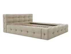 Lit capitonné 140 x 190 cm - Tissu chiné - Beige + Sommier + Matelas - LERUCO