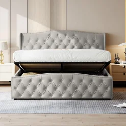 Lit Capitonné, 140 X 200 Cm, Avec Sommier à Lattes Et Rangement, Hydraulique Double, Velours