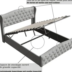 Lit Capitonné, 140 X 200 Cm, Avec Sommier à Lattes Et Rangement, Hydraulique Double, Velours