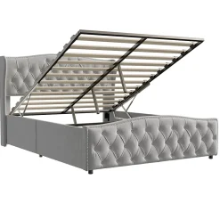 Lit Capitonné, 140 X 200 Cm, Avec Sommier à Lattes Et Rangement, Hydraulique Double, Velours