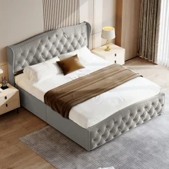 Lit Capitonné, 140 X 200 Cm, Avec Sommier à Lattes Et Rangement, Hydraulique Double, Velours