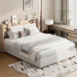 Lit capitonné, 160 x 200 cm, avec fonction de charge USB de type C, éclairage LED et 4 tiroirs, sommier à lattes en bois