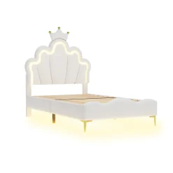 Lit Capitonné 90 X 200 Cm,en Forme De Couronne,en Cuir Pu,lit LED Avec Sommier à Lattes,blanc