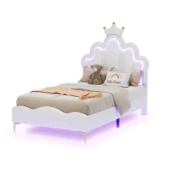 Lit Capitonné 90 X 200 Cm,en Forme De Couronne,en Cuir Pu,lit LED Avec Sommier à Lattes,blanc