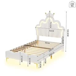 Lit Capitonné 90 X 200 Cm,en Forme De Couronne,en Cuir Pu,lit LED Avec Sommier à Lattes,blanc