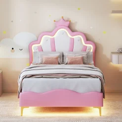 Lit Capitonné 90 X 200 Cm,en Forme De Couronne,en Cuir Pu,lit LED Avec Sommier à Lattes,rose