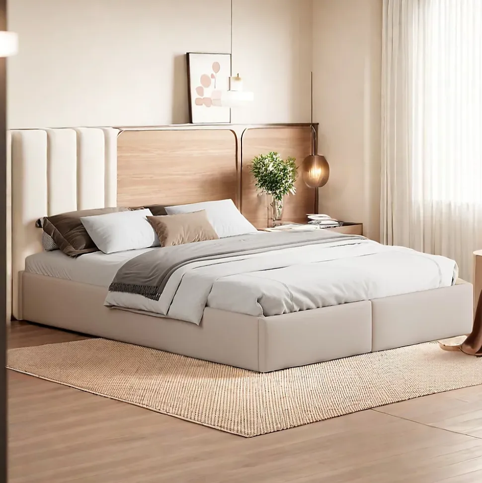 Lit capitonné 140 x 200cm, lit plateforme, lit capitonné sans tête de lit, avec rangement hydraulique et 2 tiroirs, beige