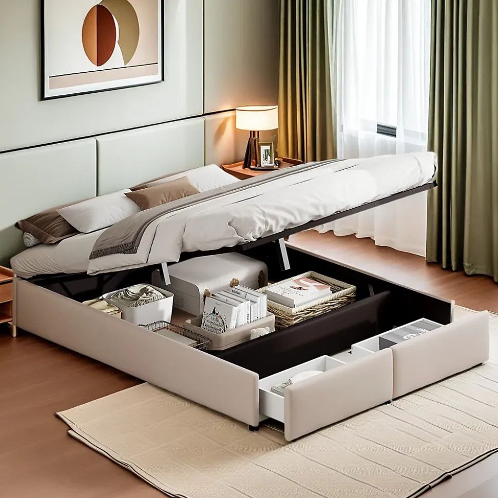 Lit capitonné 140 x 200cm, lit plateforme, lit capitonné sans tête de lit, avec rangement hydraulique et 2 tiroirs, beige