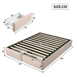 Lit capitonné 140 x 200cm, lit plateforme, lit capitonné sans tête de lit, avec rangement hydraulique et 2 tiroirs, beige