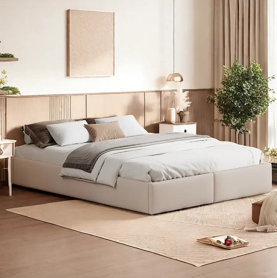 Lit capitonné 140 x 200cm, lit plateforme, lit capitonné sans tête de lit, avec rangement hydraulique et 2 tiroirs, beige