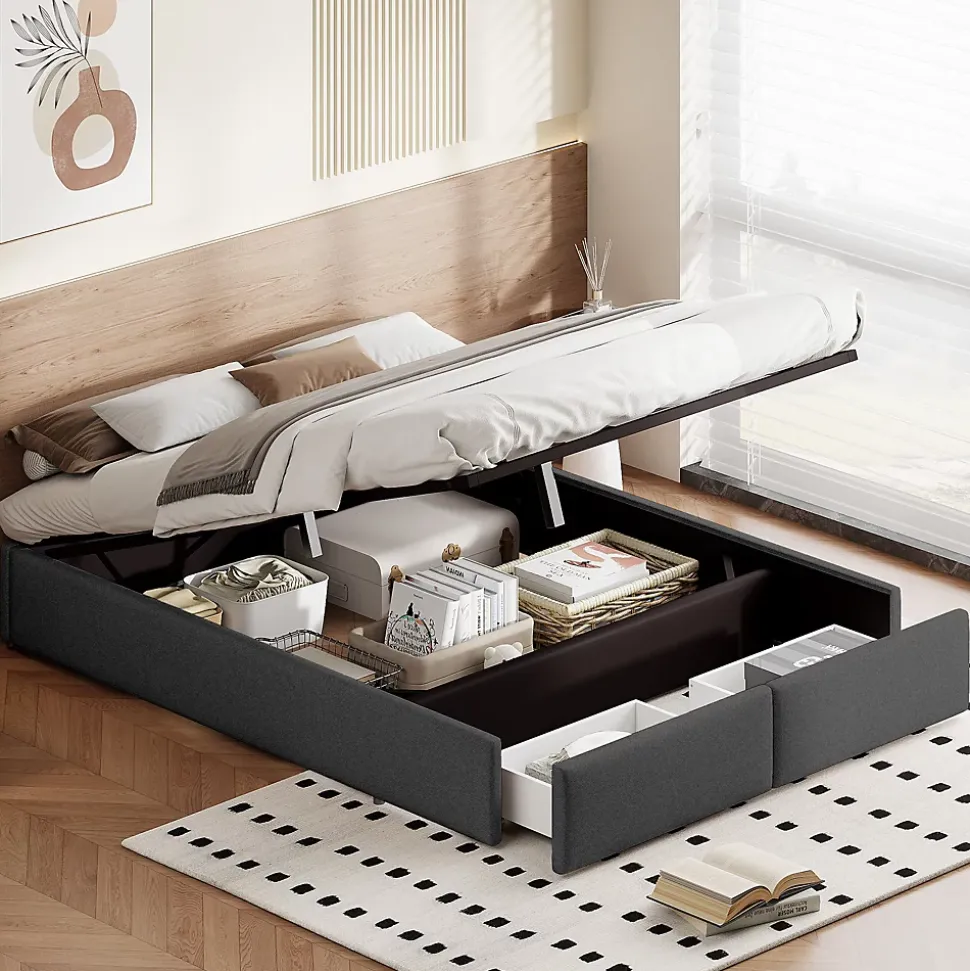 Lit capitonné 140 x 200cm, lit plateforme, lit capitonné sans tête de lit, avec rangement hydraulique et 2 tiroirs, gris