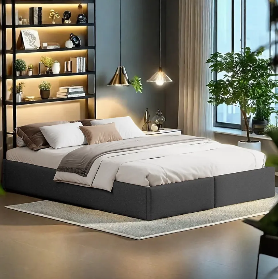 Lit capitonné 140 x 200cm, lit plateforme, lit capitonné sans tête de lit, avec rangement hydraulique et 2 tiroirs, gris