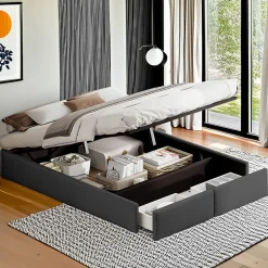 Lit capitonné 140 x 200cm, lit plateforme, lit capitonné sans tête de lit, avec rangement hydraulique et 2 tiroirs, gris