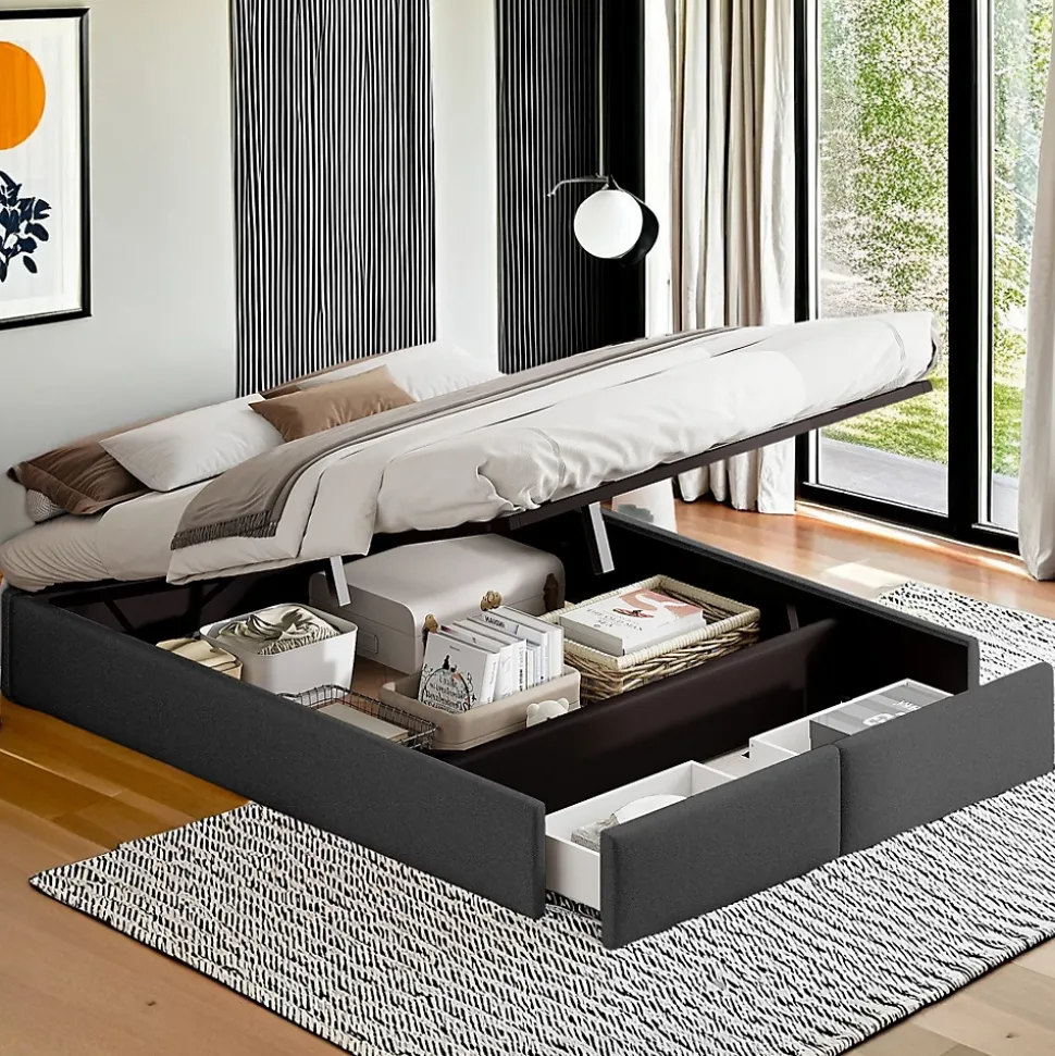 Lit capitonné 140 x 200cm, lit plateforme, lit capitonné sans tête de lit, avec rangement hydraulique et 2 tiroirs, gris