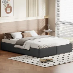 Lit capitonné 140 x 200cm, lit plateforme, lit capitonné sans tête de lit, avec rangement hydraulique et 2 tiroirs, gris