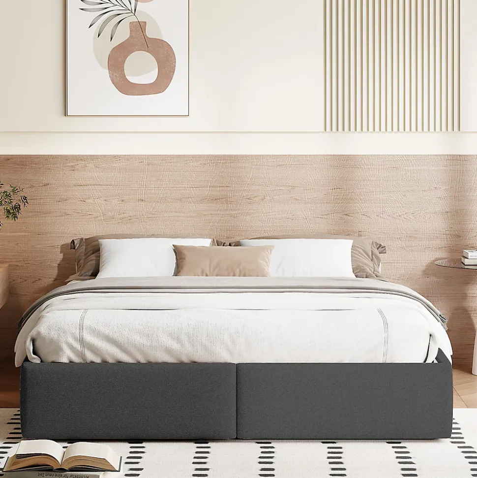 Lit capitonné 140 x 200cm, lit plateforme, lit capitonné sans tête de lit, avec rangement hydraulique et 2 tiroirs, gris
