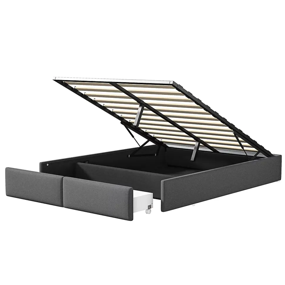 Lit capitonné 140 x 200cm, lit plateforme, lit capitonné sans tête de lit, avec rangement hydraulique et 2 tiroirs, gris
