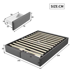 Lit capitonné 140 x 200cm, lit plateforme, lit capitonné sans tête de lit, avec rangement hydraulique et 2 tiroirs, gris
