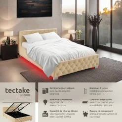 Lit capitonné avec bandes LED et espace de rangement 140x200 beige