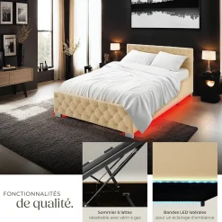 Lit capitonné avec bandes LED et espace de rangement 140x200 beige