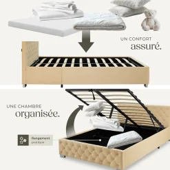 Lit capitonné avec bandes LED et espace de rangement 140x200 beige
