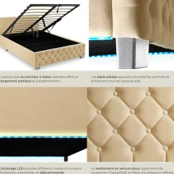 Lit capitonné avec bandes LED et espace de rangement 140x200 beige