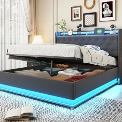 Lit capitonné LED 140 sur 200 cm avec port USB et rangement hydraulique en tissu lin gris doux pour la peau