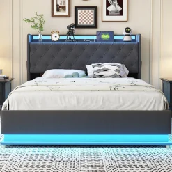 Lit capitonné LED 140 sur 200 cm avec port USB et rangement hydraulique en tissu lin gris doux pour la peau