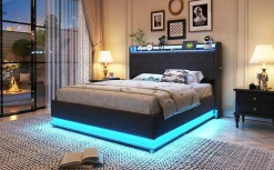 Lit capitonné LED 140 sur 200 cm avec port USB et rangement hydraulique en tissu lin gris doux pour la peau