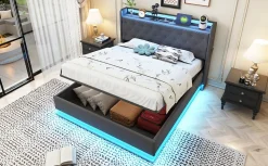 Lit capitonné LED 140 sur 200 cm avec port USB et rangement hydraulique en tissu lin gris doux pour la peau