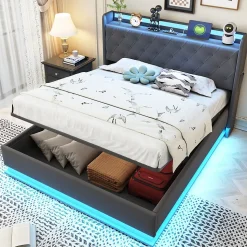 Lit capitonné LED 140 sur 200 cm avec port USB et rangement hydraulique en tissu lin gris doux pour la peau