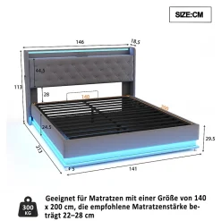 Lit capitonné LED 140 sur 200 cm avec port USB et rangement hydraulique en tissu lin gris doux pour la peau