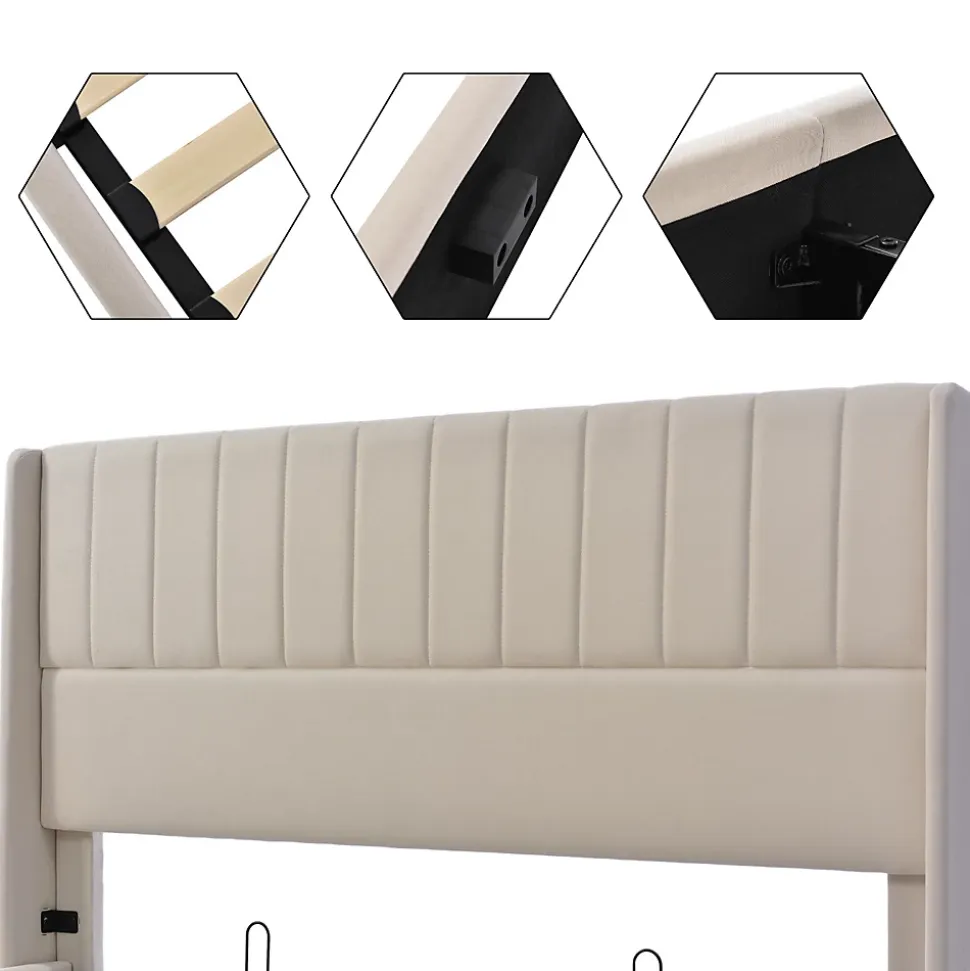 Lit capitonné,160 x 200 cm, avec sommier à lattes hydraulique, avec espace de rangement,beige