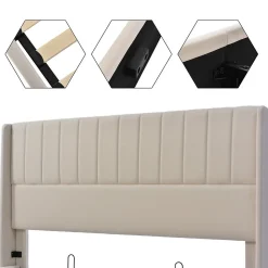 Lit capitonné,160 x 200 cm, avec sommier à lattes hydraulique, avec espace de rangement,beige