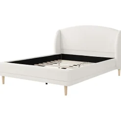 Lit capitonné 140x190 cm - Tête de lit à oreilles - Pieds en bois d'hévéa - Sommier à lattes - Tissu bouclé - Blanc(sans matelas)